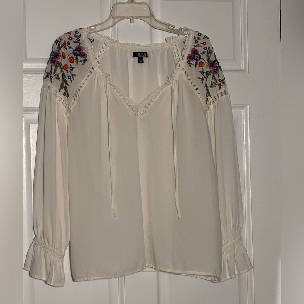A.N.A.White Floral Embroidered Long Sleeve Peasant Tie Front Blouse Size XL
